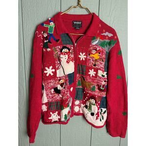 Vintage Christmas Sweater Jacket – P/L – Multi-Patch Snowmen Ice Skating Scene